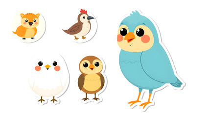 Cartoon animal, bird round stickers, avatars. Flat style vector illustrations clipart collection of cute animals characters. Pets, farm, zoo icon set for baby clothes, card, Generative AI