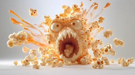 Beware of The Butter Monster. A terrifying popcorn monster with buttery kernels exploding concept