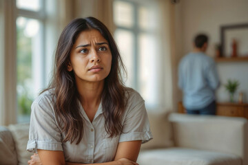 Portrait of unhappy Indian woman with blurred living room and man in house. Family quarrel. Relationship problem in family, misunderstanding, financial problems
