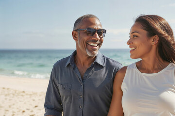 Portrait of happy Middle-aged black couple walking on a sandy beach
