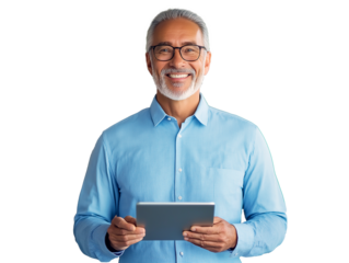 Happy senior gray hair business man ceo dressed in casual blue shirt standing in office using digital tablet, confident mature manager using tablet in modern office