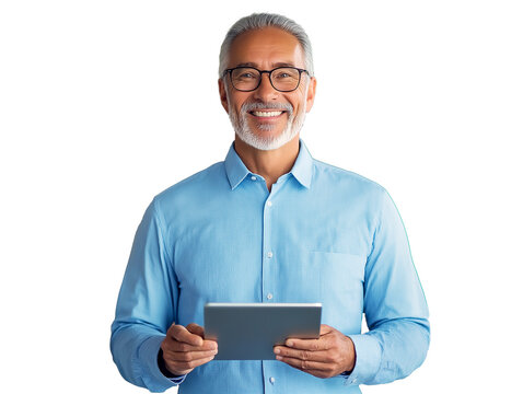 Happy senior gray hair business man ceo dressed in casual blue shirt standing in office using digital tablet, confident mature manager using tablet in modern office