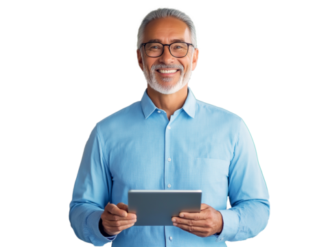 Happy senior gray hair business man ceo dressed in casual blue shirt standing in office using digital tablet, confident mature manager using tablet in modern office