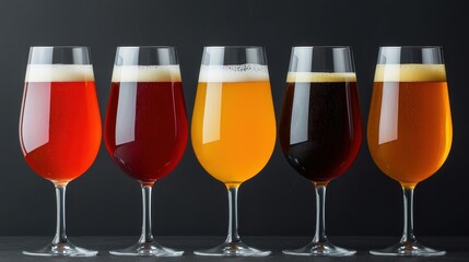 Five glasses of craft beer showcase a spectrum of colors, from deep amber to golden, highlighting the diversity of styles and flavors.
