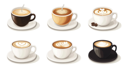 A collection of six beautifully designed coffee cups with different types of coffee on white background, ideal for coffee lovers and baristas.