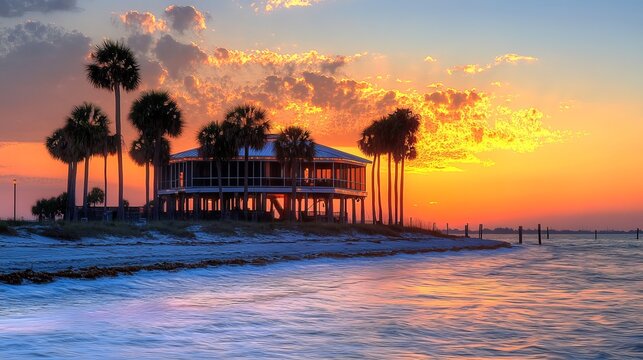 A beautiful beach house in Saint Pete Beach, Florida, sits on the ocean at sunset.  Palm trees surround it.