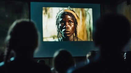 Obraz premium Film on a theater screen with audiences watching. Engaging and immersive cinematic experience shared by diverse group of viewers. 