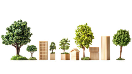 A collection of various trees, shrubs, and wooden structures, depicted in a harmonious arrangement...