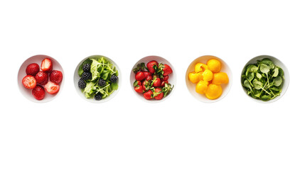 A collection of vibrant, fresh vegetables and fruits arranged in bowls, showcasing a colorful and...