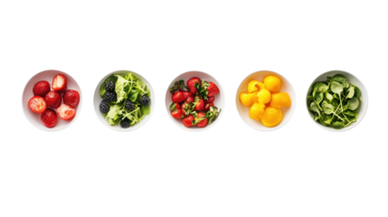 A collection of vibrant, fresh vegetables and fruits arranged in bowls, showcasing a colorful and healthy selection for a nutritious meal.