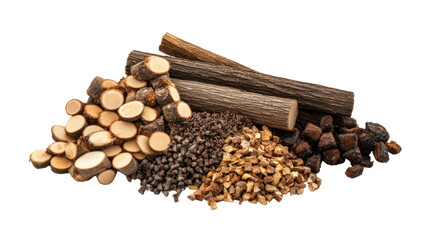 A collection of various types of wood and wood chips on a white isolated background, showcasing the natural texture and color variations.