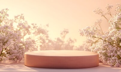 Peachwood display stand, sunrise, flowers, product showcase