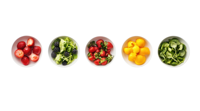 A collection of vibrant, fresh vegetables and fruits arranged in bowls, showcasing a colorful and healthy selection for a nutritious meal.