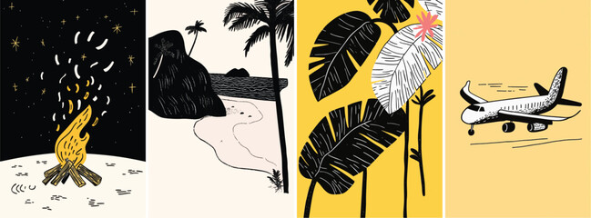 Obraz premium Summer holiday and travel hand drawn style poster illustration set