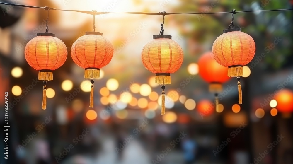 Aufkleber warm glow of lanterns illuminating an evening street scene with bokeh effect in soft focus, creating