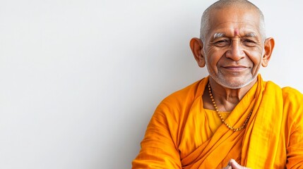 Obraz premium Monk in Traditional Robes Isolated on White Background. Spiritual and Calm Concept, Representation of Meditation, Peace, and Eastern Philosophy.