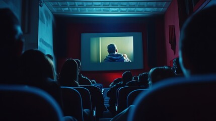 Film on a theater screen with audiences watching. Engaging and immersive cinematic experience shared by diverse group of viewers.
