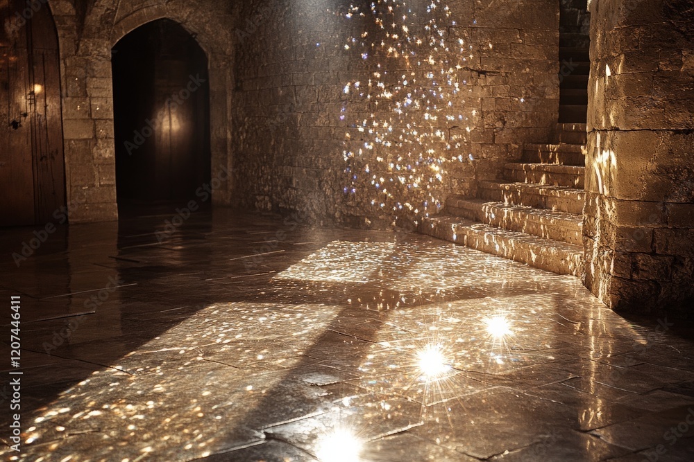 Aufkleber Sunlight streams through a stone archway creating sparkling reflections on a polished floor in a historic building