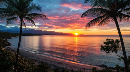 Fototapeta premium Tropical beach sunset, vibrant sky, palm trees, coastal mountains