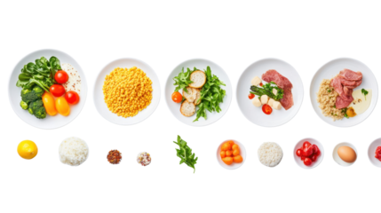 A colorful assortment of fresh ingredients arranged in bowls, showcasing vegetables, grains, and proteins, perfect for meal preparation.