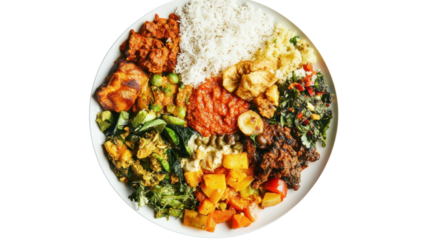 A colorful plate featuring a variety of delicious dishes, including rice, vegetables, and meat, arranged artistically to entice food lovers.