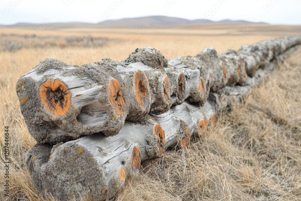 Poster natural wooden logs arranged in a rustic manner on a grassy plain during a cloudy day in a serene la