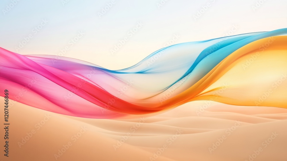 Poster Colorful flowing waves of translucent fabric creating a vibrant abstract background suitable for artistic concepts, modern themes, or creative designs in various applications.