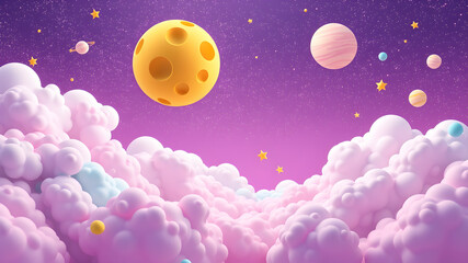 Fototapeta premium Cartoon yellow moon with craters floats in purple turquoise pink white clouds on lilac starry sky. Magic night backdrop with multicolor objects flying bubbles stars planets. Generative AI