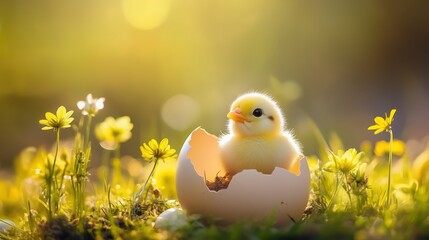 A precious chick peeks out from a delicate eggshell, symbolizing the joy of springtime and the promise of new beginnings and renewal.