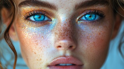 Close-Up of Glitter Makeup on Blue Eyes