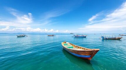 Obraz premium Tranquil Seascape with Colorful Fishing Boats Anchored in Clear Blue Water Under a Bright Sky with Soft Clouds, Perfect for Relaxation and Escape