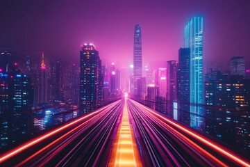 Fototapeta premium Stunning cityscape at night with vibrant lights and futuristic skyscrapers in an urban landscape