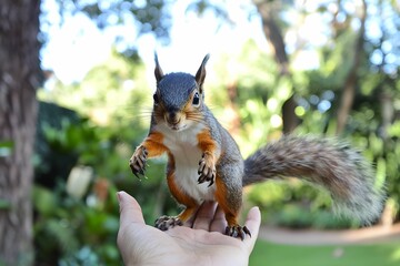 Obraz premium Squirrel perched on hand in a lush garden