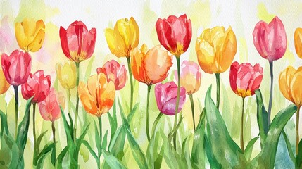 Fresh Watercolor Tulip Garden Scene