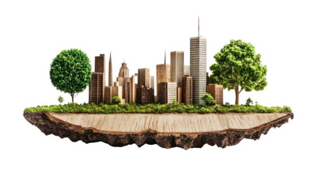 A conceptual image showcasing a blend of urban architecture and nature, featuring skyscrapers and trees on a floating landmass.