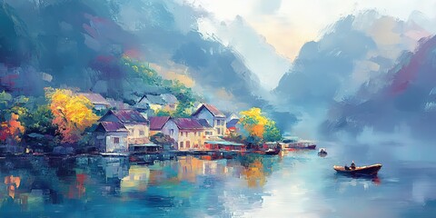 oil painting illustration, Asian rural countryside with river and small village surround with green forest and mountains