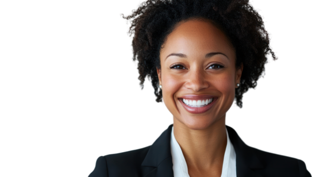 A confident businesswoman with curly hair smiles warmly against a white background, exuding professionalism and approachability.