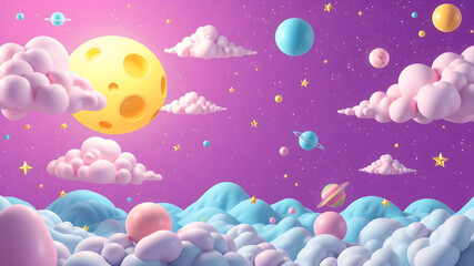 Obraz premium Cartoon yellow moon with craters floats in purple turquoise pink white clouds on lilac starry sky. Magic night backdrop with multicolor objects flying bubbles stars planets. Generative AI