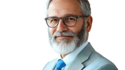 A confident senior man with glasses and gray beard smiles warmly, wearing a light suit and blue tie, against a white isolated background.