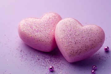 Obraz premium Sparkling pink heart-shaped decorations with glitter on a purple background