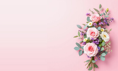 Fototapeta premium A romantic bouquet featuring soft pink roses, creamy white zinnias, and delicate purple blooms, accented with silvery eucalyptus leaves. 