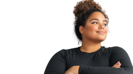 A confident woman smiling and looking to the side, with crossed arms, against a white background. Ideal for diverse lifestyle and empowerment themes.