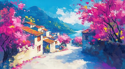 oil painting illustration, Asian rural countryside with river and small town surround with flower blossom tree in spring season 