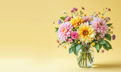 Obraz premium Enhance your dining table with this stunning floral arrangement featuring lush dahlias, delicate wildflowers, and crystal wine glasses. Perfect for special occasions or everyday elegance.