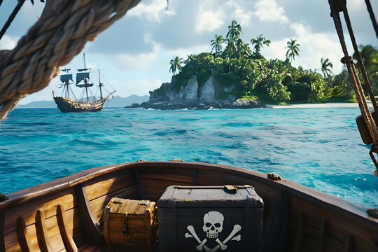 A background view from a pirate ship's deck looking towards a tropical island with a hidden Corsair treasure chest, featuring a battleship with a skull and crossbones flag