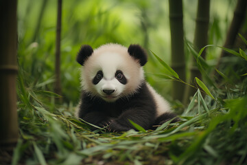 Obraz premium Cute Baby Panda Playing in the Bamboo Forest