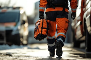 Emergency medical technician walking towards an ambulance with medical bag in hand at a city street