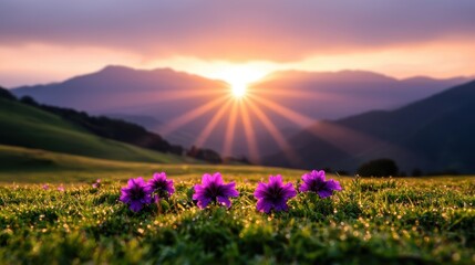 Fototapeta premium Serene Sunrise Purple Flowers in Mountain Meadow Golden Hour Landscape