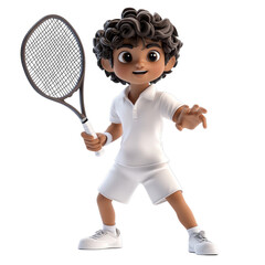 A 3D rendered cartoon of a young boy, ready to serve in a tennis match, holding his racket.