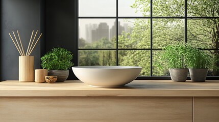 Simple Elegant Bowl on Wooden Table Surrounded by Natural Light Creating a Calm and Cozy Atmosphere